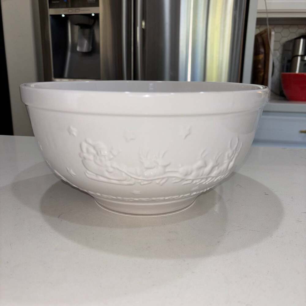 White Ceramic Embossed Christmas Bowl with Santa Sleigh and Cabin